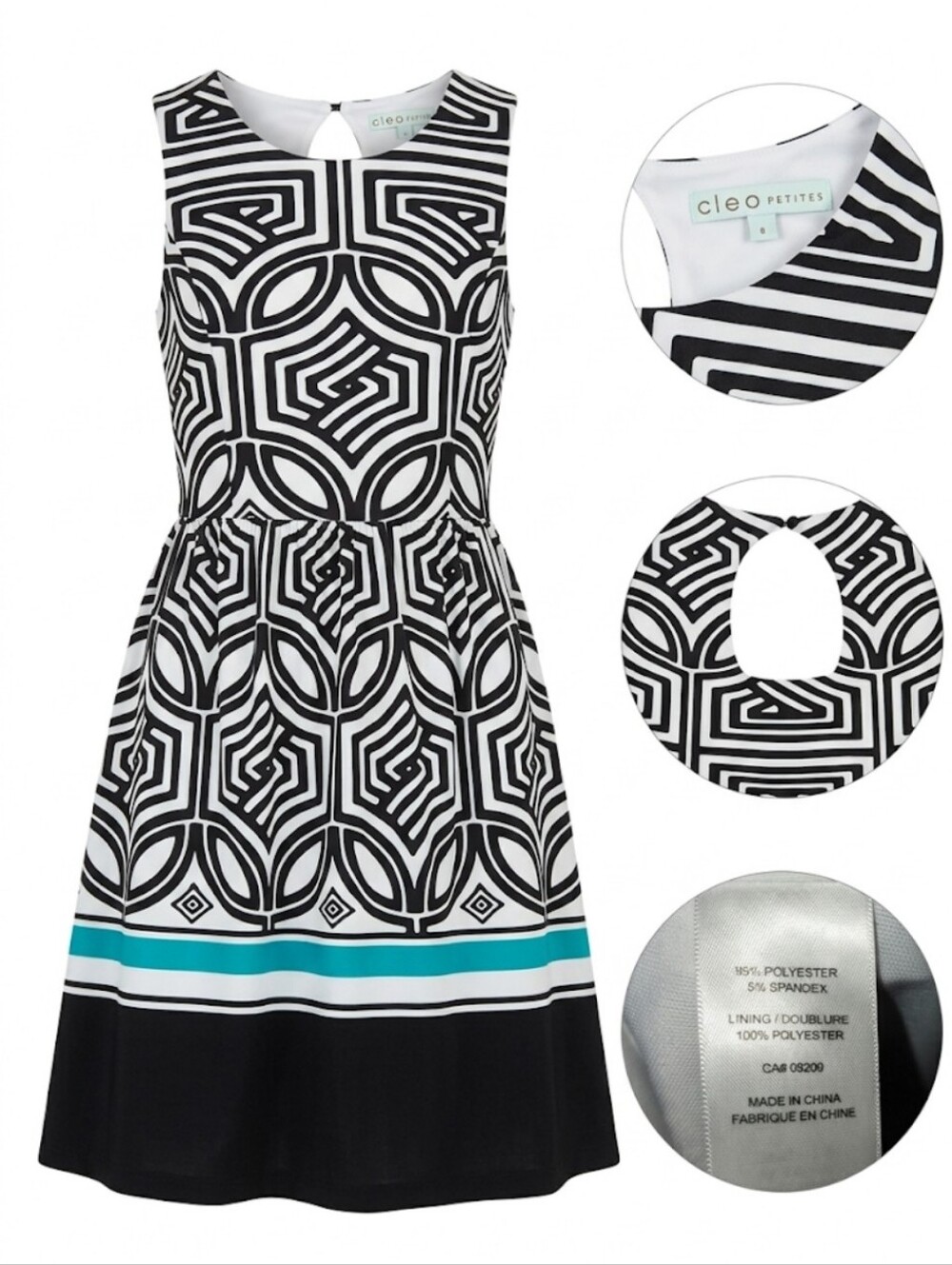 cleo Black & White Geometric Midi Dress with Teal Stripe